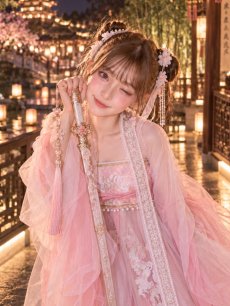 画像1: 【即日発送】【送料無料！】【ハロウィン】ピンク花刺繍ロングシフォン漢服セット/天女/織姫【コスプレ4点SET】【Fサイズ】[OF04] (1)