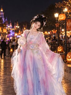 画像1: 【即日発送】【送料無料！】【ハロウィン】ピンク×ブルー花刺繍ロングシフォン漢服セット/天女/織姫【コスプレ4点SET】【Fサイズ】[OF04] (1)