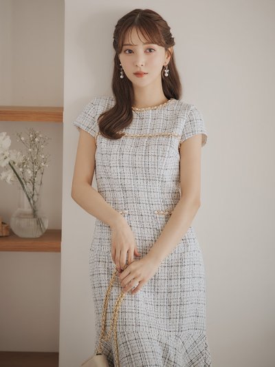 ツイードマーメイドドレス/ノースリーブ/チェーン/谷間隠し/ミディアムドレス