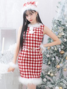 画像3: 【サンタコス 5点セット】【XS-XLサイズ/2カラー】ギンガムチェックタイトワンピースサンタコスプレ[OF01] (3)