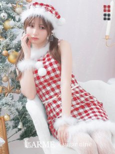 画像1: 【サンタコス 5点セット】【XS-XLサイズ/2カラー】ギンガムチェック タイトワンピースサンタコスプレ[OF01] (1)