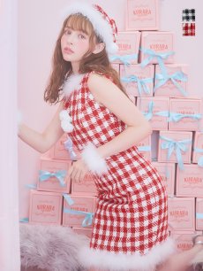 画像2: 【サンタコス 5点セット】ギンガムチェック タイトワンピースサンタコスプレ【XS-XLサイズ/2カラー】[OF01] (2)