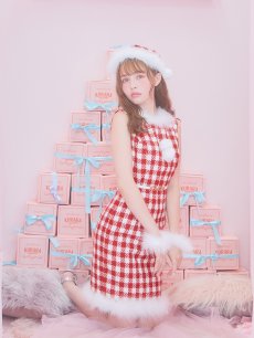 画像6: 【サンタコス 5点セット】ギンガムチェック タイトワンピースサンタコスプレ【XS-XLサイズ/2カラー】[OF01] (6)