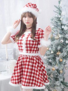 画像1: 【サンタコス 5点セット】【XS-Lサイズ/2カラー】ギンガムチェック セットアップフレアサンタコスプレ[OF01] (1)
