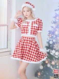 画像1: 【一部予約商品/12月中旬発送予定】【サンタコス 5点セット】【XS-Lサイズ/2カラー】ギンガムチェック セットアップフレアサンタコスプレ[OF01] (1)