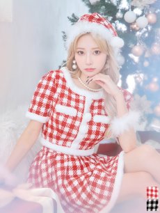 画像2: 【一部予約商品/12月中旬発送予定】【サンタコス 5点セット】【XS-Lサイズ/2カラー】ギンガムチェック セットアップフレアサンタコスプレ[OF01] (2)