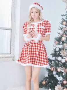 画像7: 【一部予約商品/12月中旬発送予定】【サンタコス 5点セット】【XS-Lサイズ/2カラー】ギンガムチェック セットアップフレアサンタコスプレ[OF01] (7)