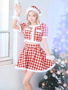 画像9: 【一部予約商品/12月中旬発送予定】【サンタコス 5点セット】【XS-Lサイズ/2カラー】ギンガムチェック セットアップフレアサンタコスプレ[OF01] (9)