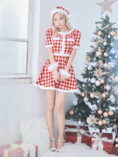 画像10: 【一部予約商品/12月中旬発送予定】【サンタコス 5点セット】【XS-Lサイズ/2カラー】ギンガムチェック セットアップフレアサンタコスプレ[OF01] (10)