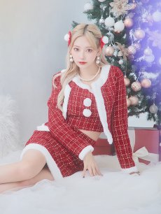 画像1: SALE!【サンタコス 6点セット】【XS-Lサイズ/1カラー】ツイードジャケットチェックセットアップサンタコスプレ[OF01] (1)