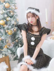 画像1: SALE!【即日発送】【サンタコス 4点セット】【S-Lサイズ/2カラー】チェーンモチーフフロントジップツイードフレアサンタコスプレ[OF01] (1)