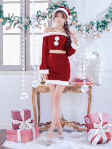 画像7: 【即日発送】【サンタコス 4点セット】【S-Lサイズ/2カラー】オフショルダーセットアップサンタコスプレ[OF01] (7)