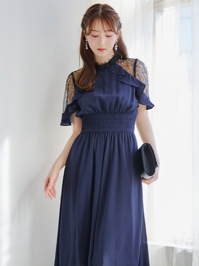 オケージョンドレス/ パーティードレス/ お呼ばれドレス/ オフショル/ テールカット/ レース/ ミモレ丈/ ワンピース