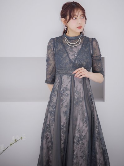 オケージョンドレス/ パーティードレス/ お呼ばれドレス/ アクセサリー付き/ 総レース/ 袖あり/ 七分袖/ ミモレ丈/ ワンピース