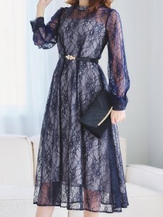 画像22: オケージョンドレス/ パーティードレス/ お呼ばれドレス/ 総レース/ 袖あり/ ミモレ丈/ ワンピース[OF05] (22)