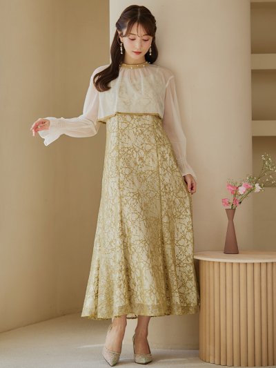 オケージョンドレス/ パーティードレス/ お呼ばれドレス/ 袖あり/ 長袖/ シアー/ パール/ ミモレ丈/ ワンピース/