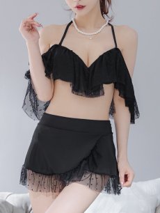 画像16: 【即日発送】【ビキニ】ドットシアーオフショルスカート付きビキニ 3点セット【水着】[YMT] (16)