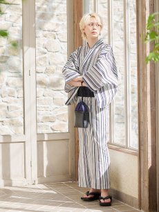 画像3: 【即日発送】【メンズ浴衣】白地×スタイリッシュストライプ浴衣【浴衣・帯・下駄セット】[YMT] (3)