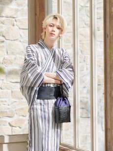 画像6: 【即日発送】【メンズ浴衣】白地×スタイリッシュストライプ浴衣【浴衣・帯・下駄セット】[YMT] (6)