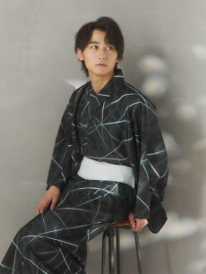 画像1: 【即日発送！】【メンズ浴衣】ブラックグリーン幾何学的模様浴衣【浴衣・帯・下駄セット】 [FB03] (1)