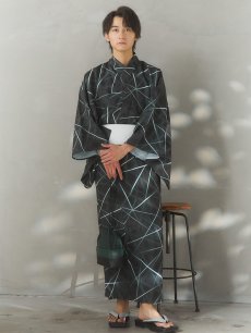 画像11: 【即日発送！】【メンズ浴衣】ブラックグリーン幾何学的模様浴衣【浴衣・帯・下駄セット】 [FB03] (11)