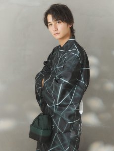 画像12: 【即日発送！】【メンズ浴衣】ブラックグリーン幾何学的模様浴衣【浴衣・帯・下駄セット】 [FB03] (12)