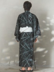 画像13: 【即日発送！】【メンズ浴衣】ブラックグリーン幾何学的模様浴衣【浴衣・帯・下駄セット】 [FB03] (13)