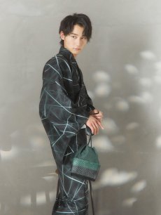 画像2: 【即日発送！】【メンズ浴衣】ブラックグリーン幾何学的模様浴衣【浴衣・帯・下駄セット】 [FB03] (2)