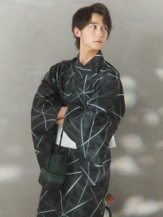 画像3: 【即日発送！】【メンズ浴衣】ブラックグリーン幾何学的模様浴衣【浴衣・帯・下駄セット】 [FB03] (3)