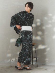 画像4: 【即日発送！】【メンズ浴衣】ブラックグリーン幾何学的模様浴衣【浴衣・帯・下駄セット】 [FB03] (4)
