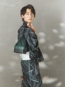 画像5: 【即日発送！】【メンズ浴衣】ブラックグリーン幾何学的模様浴衣【浴衣・帯・下駄セット】 [FB03] (5)
