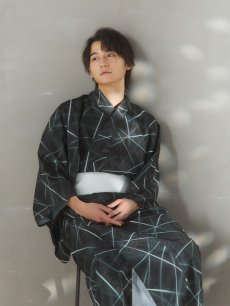画像6: 【即日発送！】【メンズ浴衣】ブラックグリーン幾何学的模様浴衣【浴衣・帯・下駄セット】 [FB03] (6)