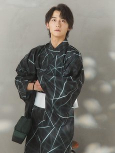 画像8: 【即日発送！】【メンズ浴衣】ブラックグリーン幾何学的模様浴衣【浴衣・帯・下駄セット】 [FB03] (8)