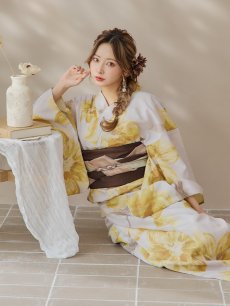 画像1: 【即日発送！】グレージュ×イエローフラワー浴衣 【浴衣3点セット 浴衣/帯/下駄】 [YMT] (1)