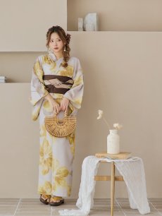 画像10: 【即日発送！】グレージュ×イエローフラワー浴衣 【浴衣3点セット 浴衣/帯/下駄】 [YMT] (10)