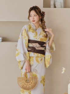 画像11: 【即日発送！】グレージュ×イエローフラワー浴衣 【浴衣3点セット 浴衣/帯/下駄】 [YMT] (11)