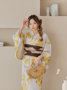 画像12: 【即日発送！】グレージュ×イエローフラワー浴衣 【浴衣3点セット 浴衣/帯/下駄】 [YMT] (12)