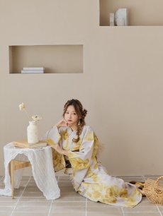 画像15: 【即日発送！】グレージュ×イエローフラワー浴衣 【浴衣3点セット 浴衣/帯/下駄】 [YMT] (15)