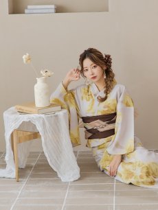 画像16: 【即日発送！】グレージュ×イエローフラワー浴衣 【浴衣3点セット 浴衣/帯/下駄】 [YMT] (16)
