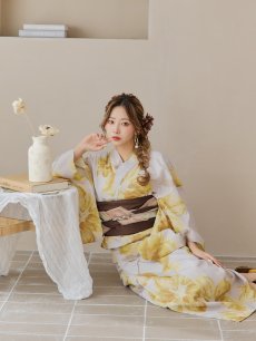 画像17: 【即日発送！】グレージュ×イエローフラワー浴衣 【浴衣3点セット 浴衣/帯/下駄】 [YMT] (17)