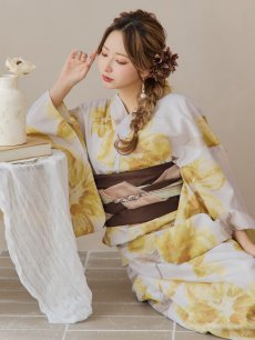 画像18: 【即日発送！】グレージュ×イエローフラワー浴衣 【浴衣3点セット 浴衣/帯/下駄】 [YMT] (18)