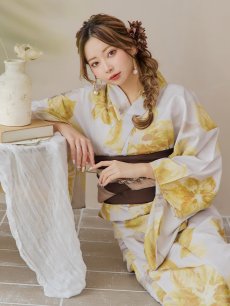 画像19: 【即日発送！】グレージュ×イエローフラワー浴衣 【浴衣3点セット 浴衣/帯/下駄】 [YMT] (19)