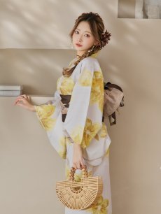 画像2: 【即日発送！】グレージュ×イエローフラワー浴衣 【浴衣3点セット 浴衣/帯/下駄】 [YMT] (2)