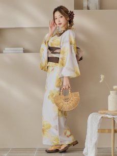 画像3: 【即日発送！】グレージュ×イエローフラワー浴衣 【浴衣3点セット 浴衣/帯/下駄】 [YMT] (3)