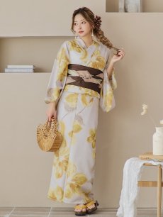 画像4: 【即日発送！】グレージュ×イエローフラワー浴衣 【浴衣3点セット 浴衣/帯/下駄】 [YMT] (4)
