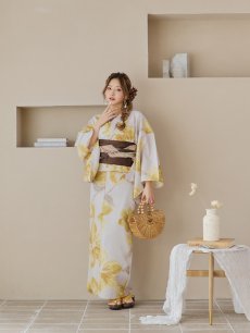 画像5: 【即日発送！】グレージュ×イエローフラワー浴衣 【浴衣3点セット 浴衣/帯/下駄】 [YMT] (5)