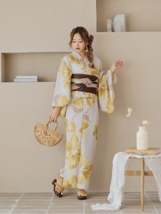 画像7: 【即日発送！】グレージュ×イエローフラワー浴衣 【浴衣3点セット 浴衣/帯/下駄】 [YMT] (7)