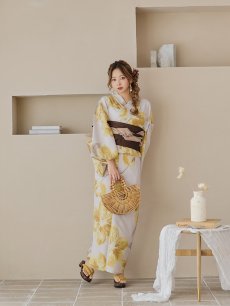 画像8: 【即日発送！】グレージュ×イエローフラワー浴衣 【浴衣3点セット 浴衣/帯/下駄】 [YMT] (8)