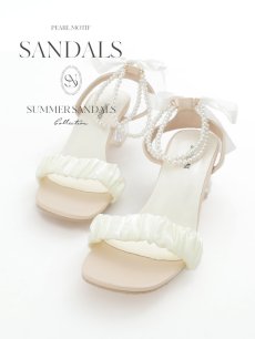 画像1: 【水着小物：ビーチサンダル】リボン/ パール/ アンクルストラップ付き/ クリアヒール/ ビーチサンダル/ サマーシューズ[YMT] (1)