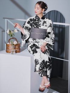 画像22: 【即日発送】モノトーンフラワーレトロモダン浴衣 【浴衣3点セット 浴衣/帯/下駄】 [YMT] (22)